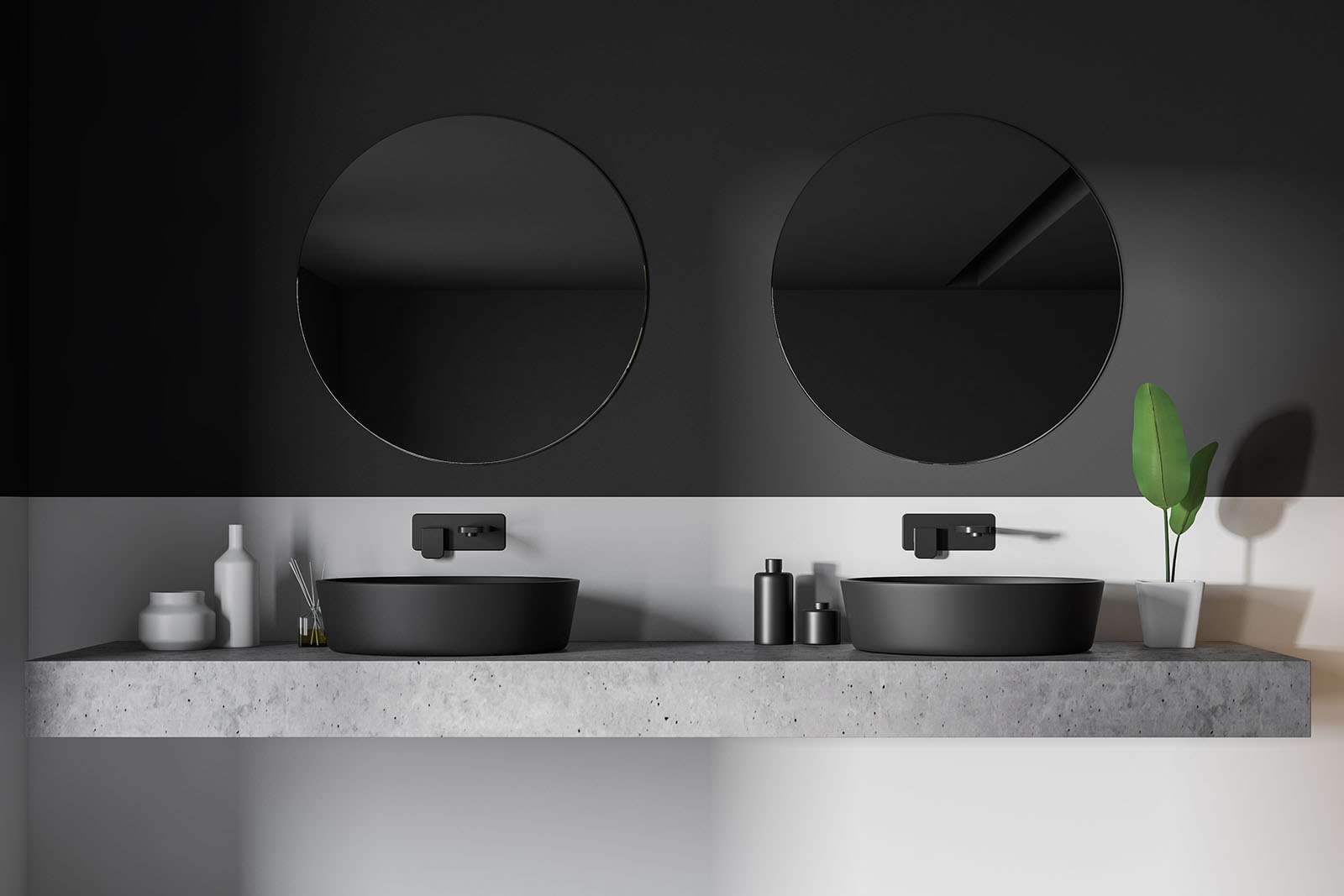 Close up of double bathroom sink with two round mirrors above it standing on concrete shelf in bathroom with gray and white walls. 3d rendering